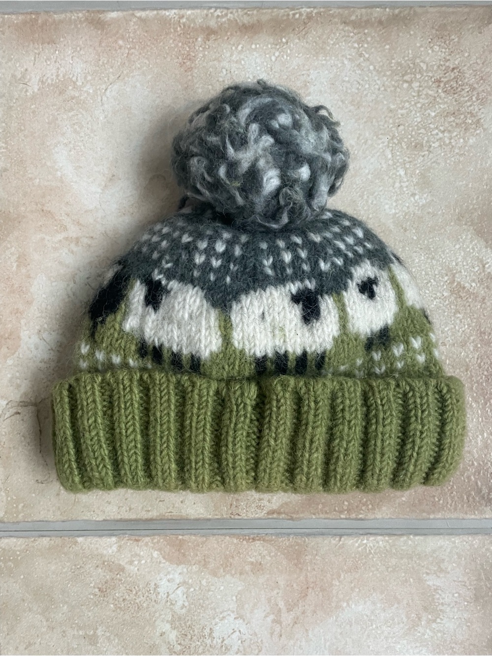 LoudElephant wool fair isle knit bobble beanie hat, sheep design, Pom pom; O/S